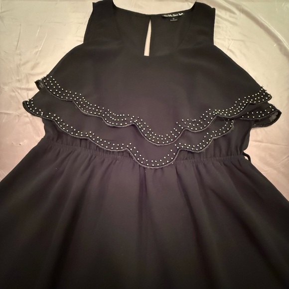Vintage Y2K Black Sleeveless Scalloped Edge Tiered Mini Dress w/ Beading Small - Picture 7 of 12
